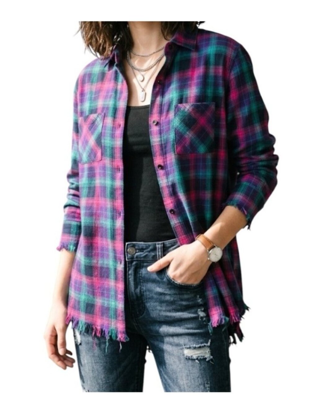 One 24 Rags Purple Plaid Raw Hem Flannel Button Down Hipster Shirt Size Small